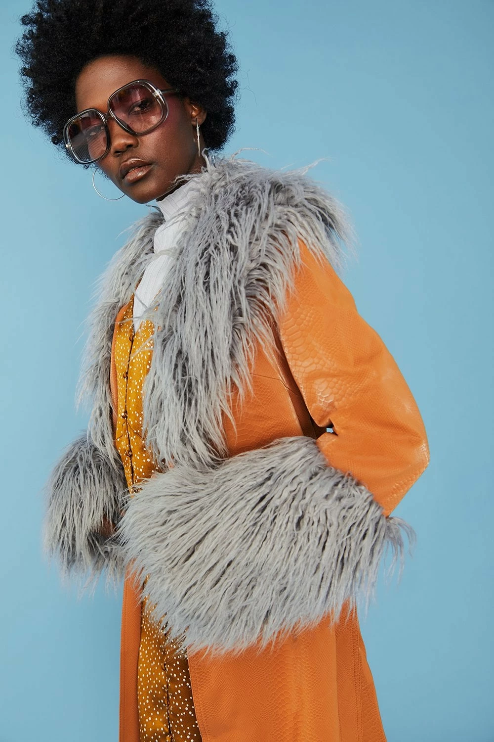 JAYLEY Brown And Grey Mongolian Fur And Faux Suede Coat - Image 4