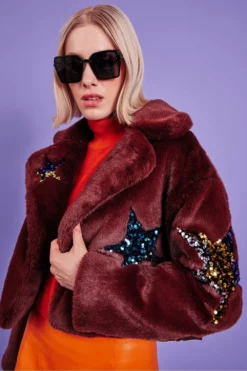 JAYLEY Brown Bamboo Faux Fur Sequins Star Jacket