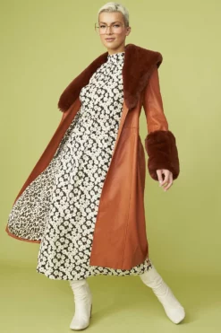 JAYLEY Brown Trench Style Belted Coat With Faux Fur Cuffs And Collar