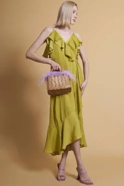 JAYLEY Chartreuse Silk Blend Maxi Ruffle Wrap Dress