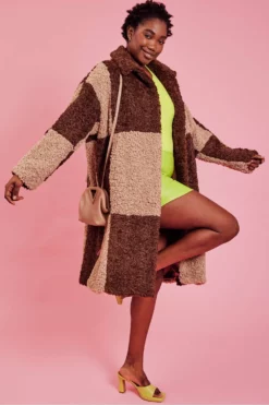JAYLEY Checkered Chocolate And Mocha Faux Shearling Coat