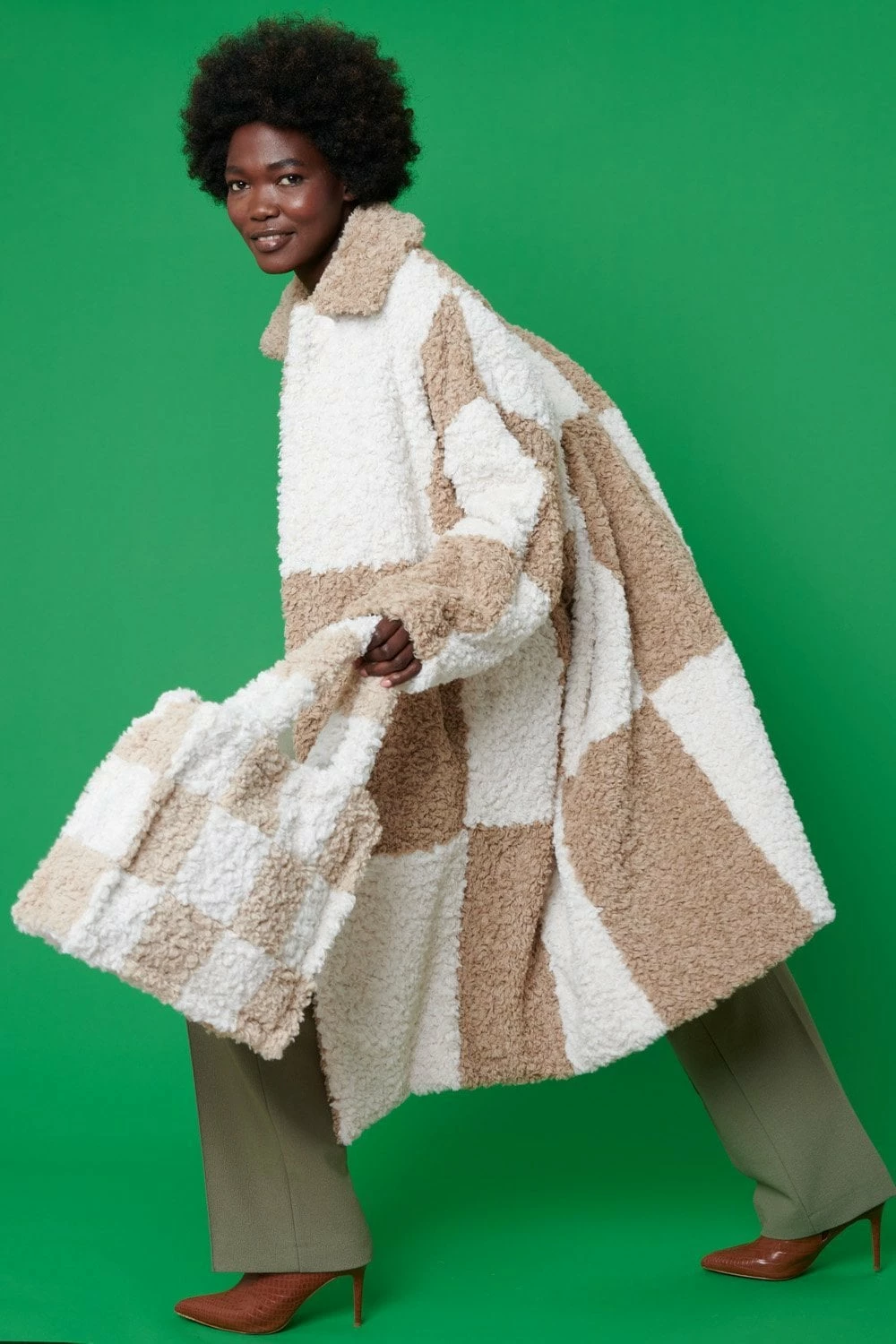 JAYLEY Checkered Mocha And White Faux Shearling Oversized Coat
