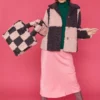 JAYLEY Checkered Pink And Purple Faux Shearling Cropped Coat