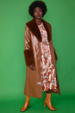 JAYLEY Chocolate Faux Leather Jacket With Detachable Faux Fur Cuffs & Collar