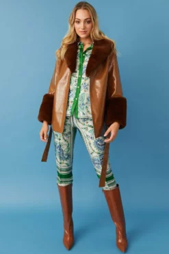 JAYLEY Chocolate Faux Suede With Detachable Faux Fur Collar And Cuffs