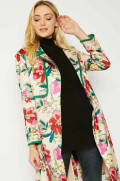 JAYLEY Cream Digital Floral Printed Faux Suede Blazer Jacket