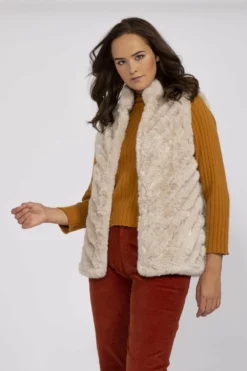 JAYLEY Cream Faux Fur Faux Suede Diagonal Stripe Gilet