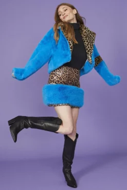 JAYLEY Cropped Blue And Leopard Print Faux Fur Coat