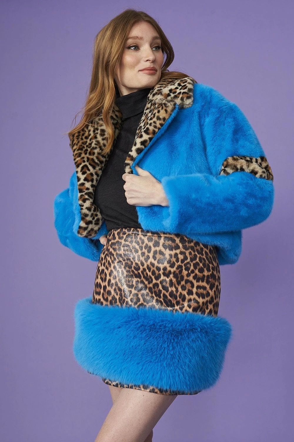 JAYLEY Cropped Blue And Leopard Print Faux Fur Coat - Image 2