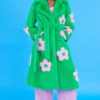 JAYLEY Eco Bamboo Green Faux Fur Coat With Pink Flower Detailing