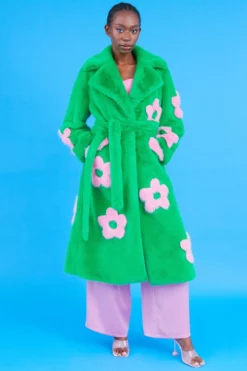 JAYLEY Eco Bamboo Green Faux Fur Coat With Pink Flower Detailing