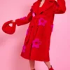 JAYLEY Eco Bamboo Red Faux Fur Coat With Pink Flower Detailing