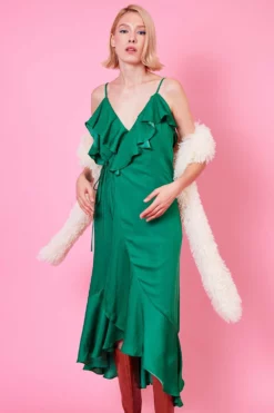 JAYLEY Emerald Silk Blend Maxi Ruffle Wrap Dress