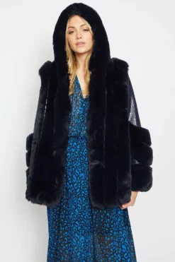 JAYLEY Faux Fur And Faux Leather Panelled Coat