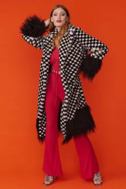 JAYLEY Faux Fur Black And White Check Coat With Faux Mongolian Trim