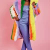 JAYLEY Faux Fur Hand Crafted Rainbow Bamboo Maxi Coat