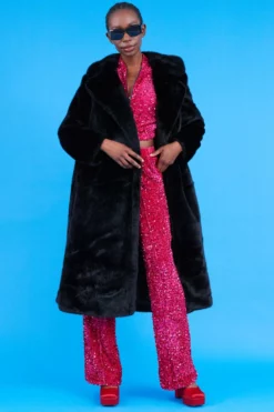 JAYLEY Faux Fur Maxi Trench Coat With Belt