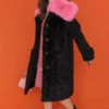 JAYLEY Faux Fur Midi Coat With A Pink Oversized Collar