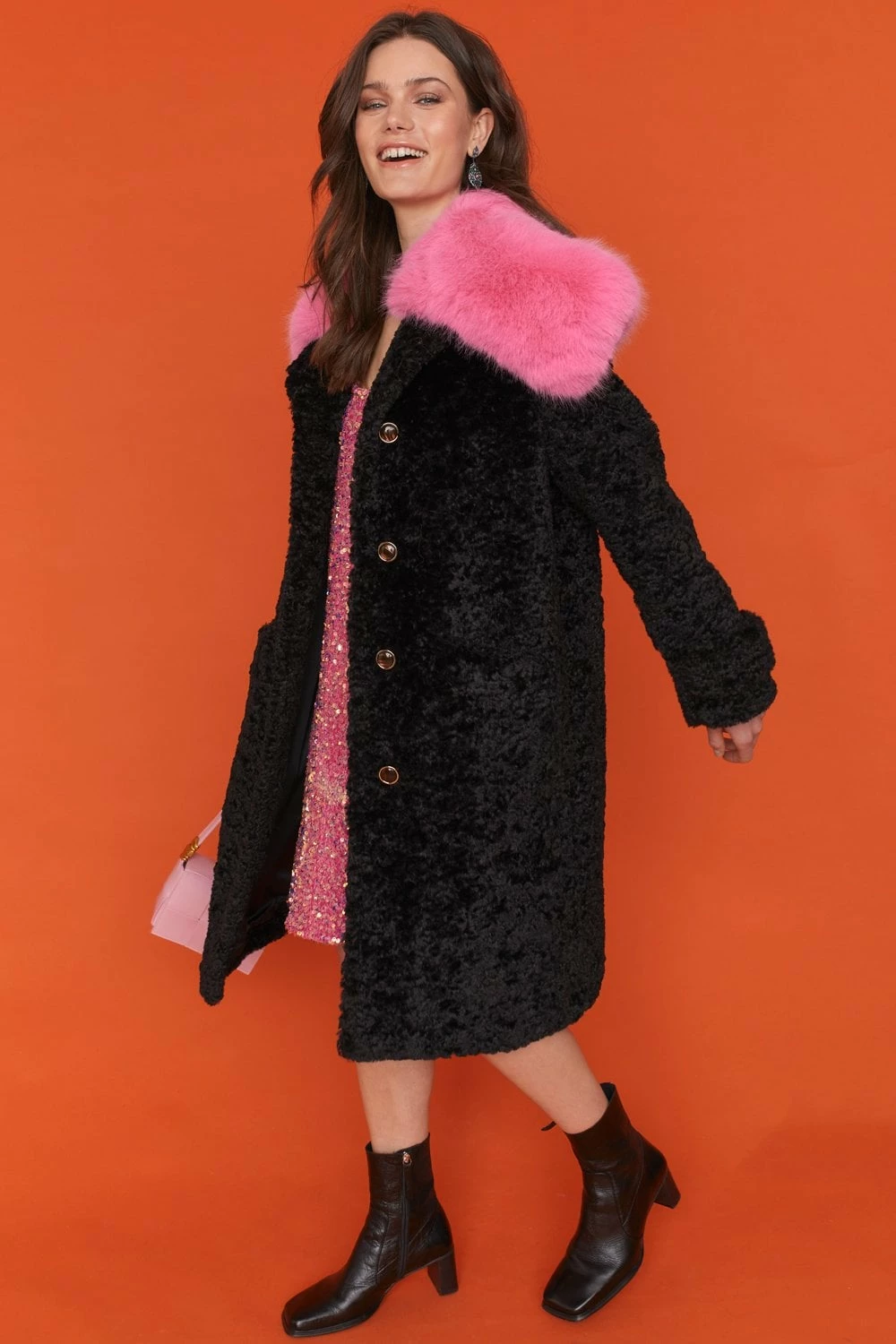 JAYLEY Faux Fur Midi Coat With A Pink Oversized Collar