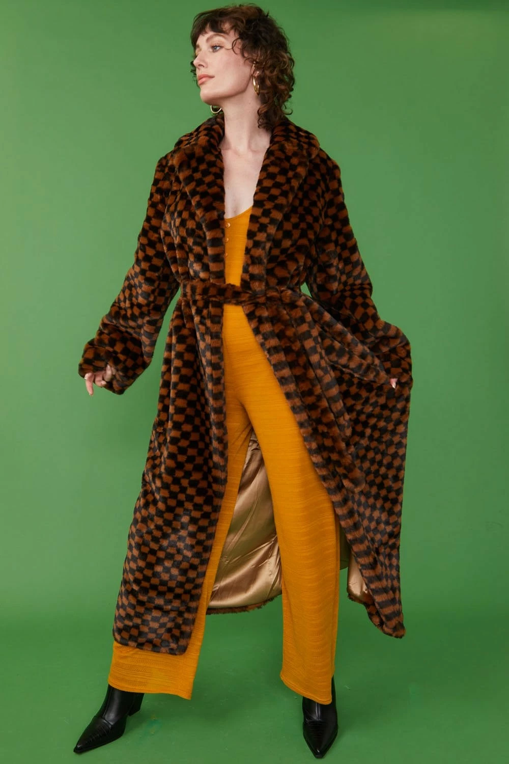 JAYLEY Faux Fur Mini Checkered Maxi Coat In Orange And Black