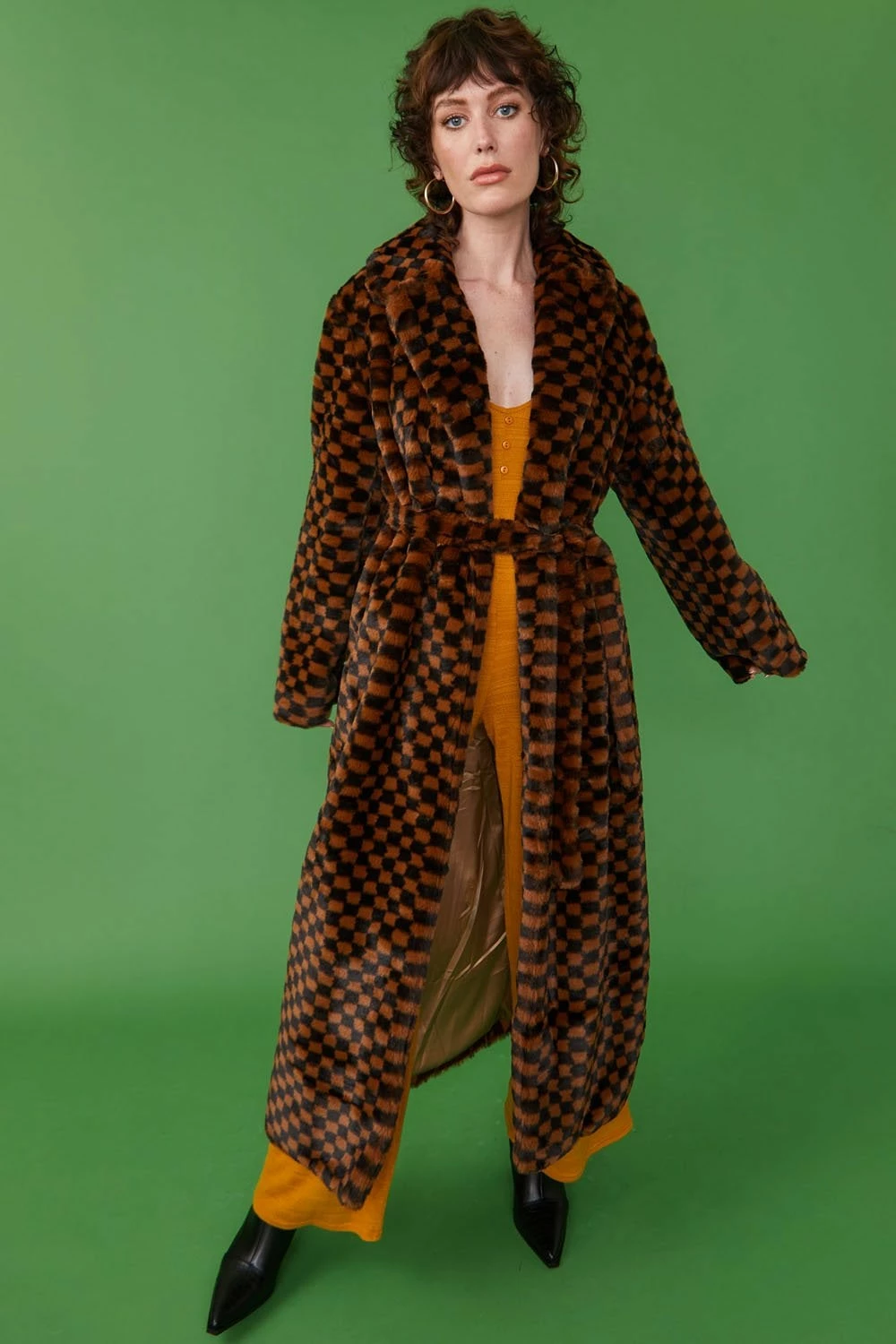 JAYLEY Faux Fur Mini Checkered Maxi Coat In Orange And Black - Image 4