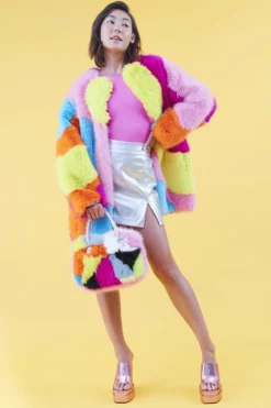 JAYLEY Faux Fur Multi-Coloured Rainbow Coat