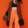 JAYLEY Faux Fur Orange And Black Check Coat With Faux Mongolian Trim