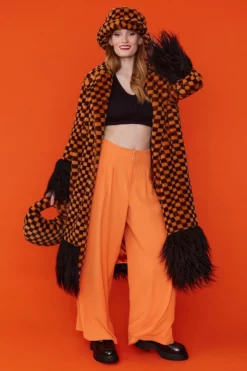 JAYLEY Faux Fur Orange And Black Check Coat With Faux Mongolian Trim
