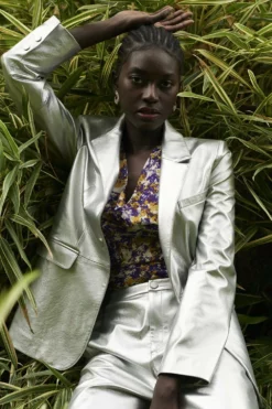 JAYLEY Faux Leather Kate Blazer In Silver