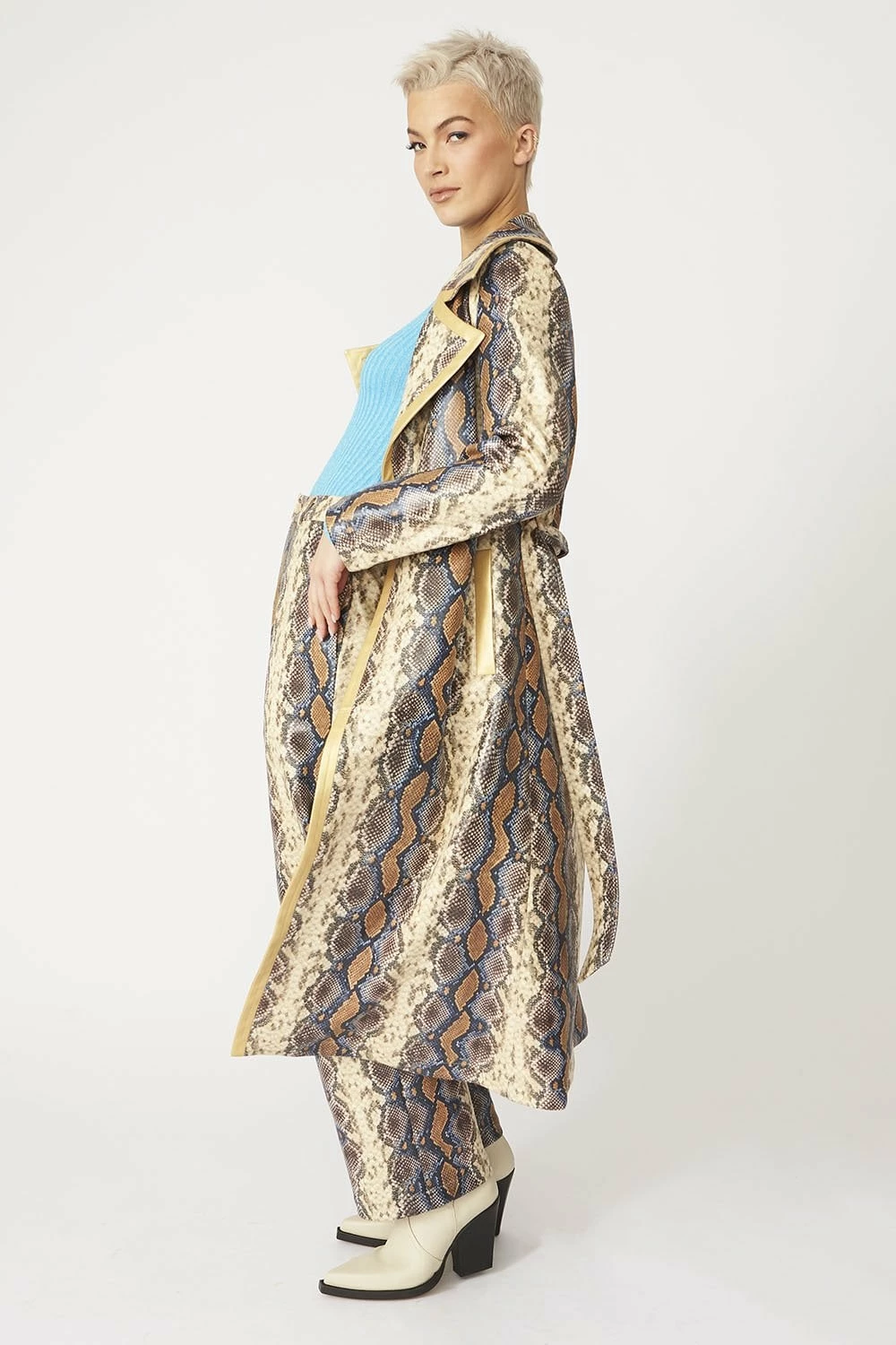 JAYLEY Faux Leather Snake Print Trench Coat - Image 4