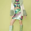 JAYLEY Faux Shearling Cuff And Collar Jacket With Belted Waist In Cream And Green