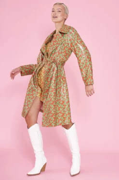 JAYLEY Faux Suede Heart Print Trench Coat