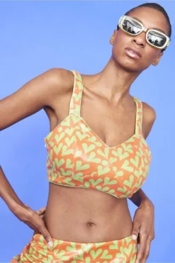 JAYLEY Faux Suede Orange And Green Love Heart Crop Top