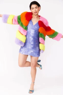 JAYLEY Gaga Faux Fur Striped Rainbow Coat
