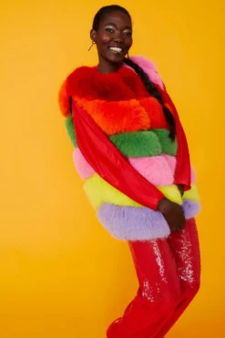 JAYLEY Gaga Faux Fur Striped Rainbow Gilet