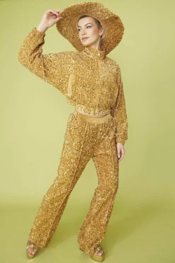 JAYLEY Gold Sequin Cropped Biker Jacket