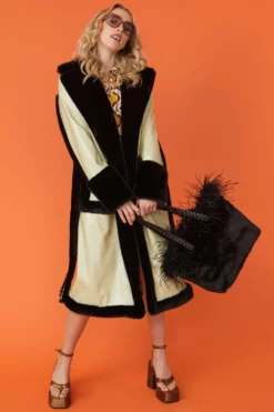 JAYLEY Green And Black Faux Fur And Faux Suede Trench Coat