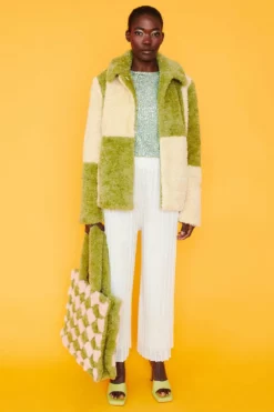JAYLEY Green And Cream Faux Shearling Checkered Oversized Coat