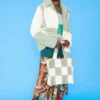 JAYLEY Green And White Faux Shearling Checkered Oversized Coat