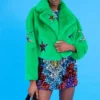 JAYLEY Green Bamboo Faux Fur Sequins Star Jacket