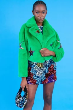 JAYLEY Green Bamboo Faux Fur Sequins Star Jacket