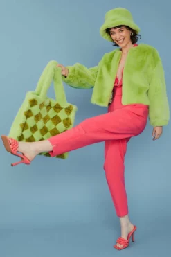 JAYLEY Green Cropped Faux Fur Jacket