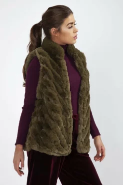 JAYLEY Green Faux Fur Faux Suede Diagonal Stripe Gilet