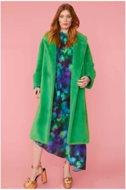 JAYLEY Green Faux Fur Midi Coat