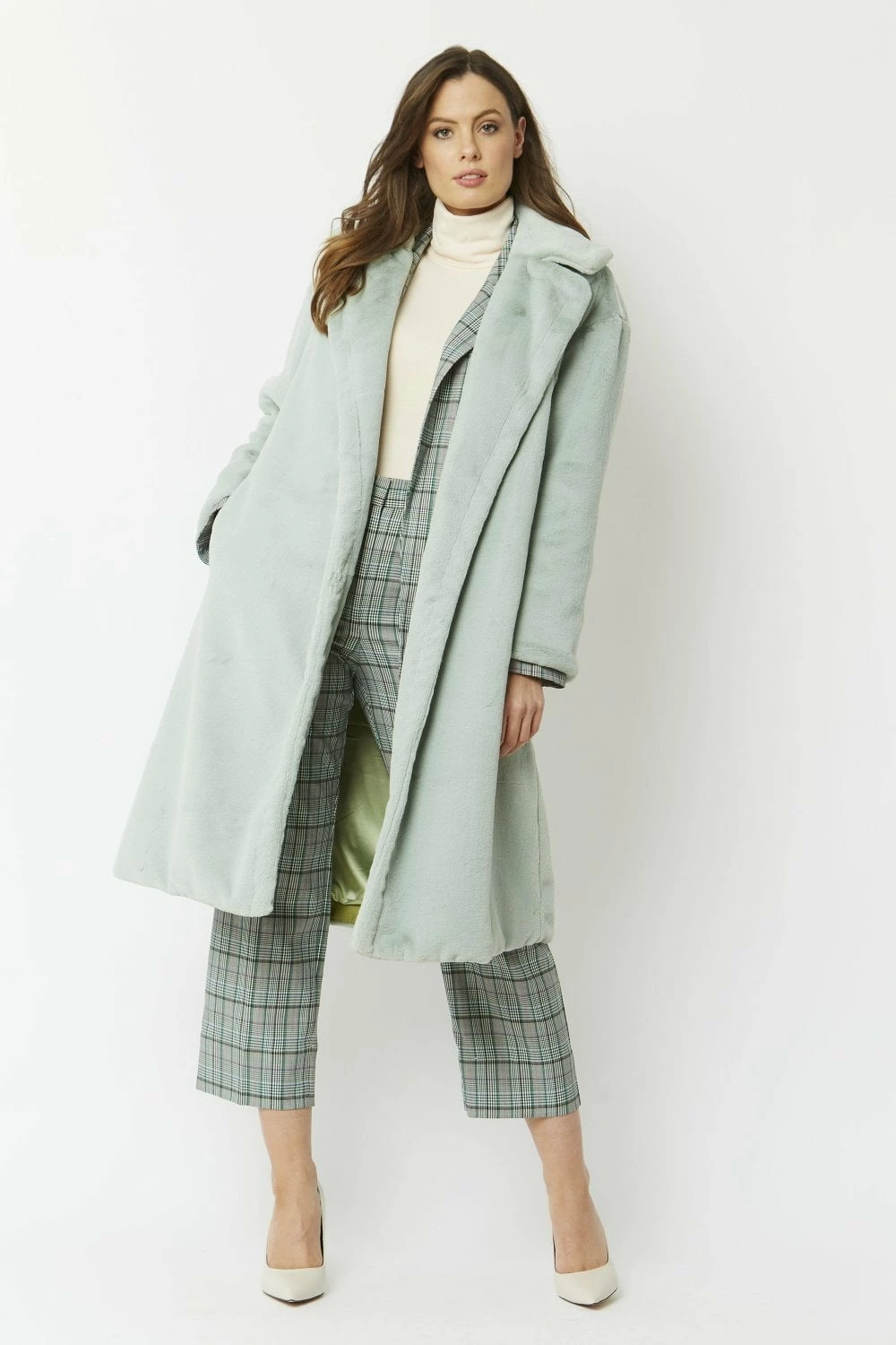 JAYLEY Green Faux Fur Midi Shaved Shearling Coat