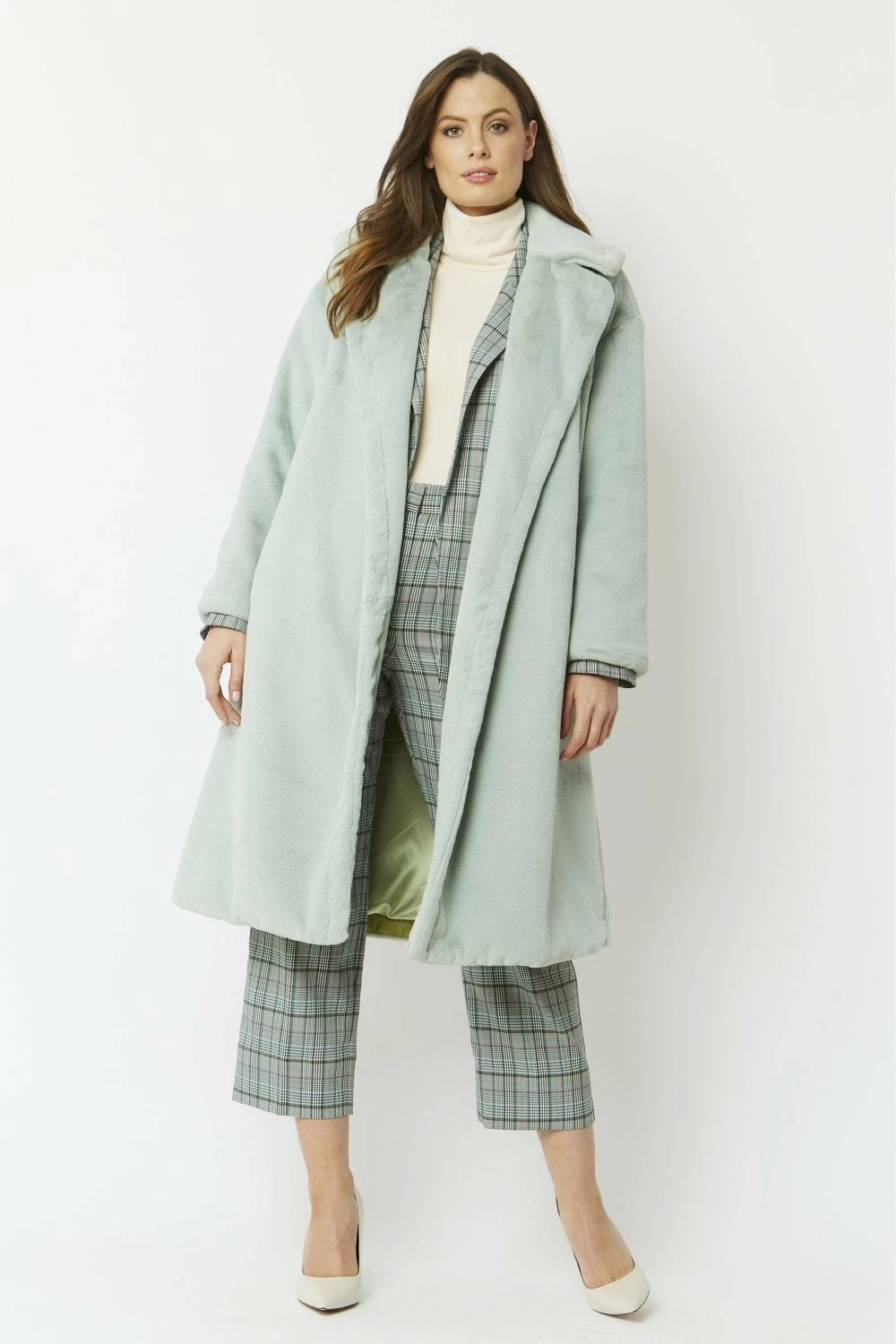 JAYLEY Green Faux Fur Midi Shaved Shearling Coat - Image 2