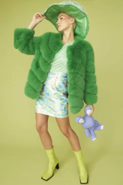 JAYLEY Green Faux Fur Striped Gaga Coat
