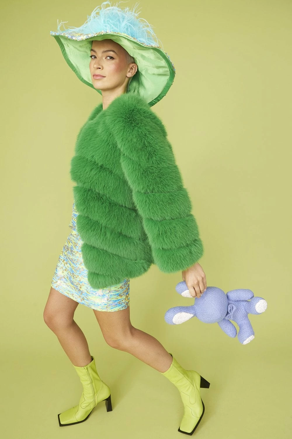 JAYLEY Green Faux Fur Striped Gaga Coat - Image 4