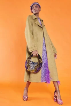 JAYLEY Green Faux Suede Trench Coat