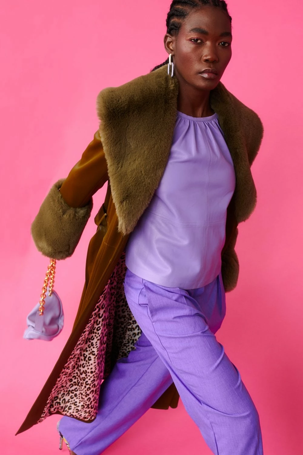 JAYLEY Green Faux Suede Trench Coat With Detachable Faux Fur Collar & Cuffs